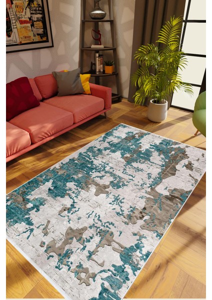 Salon Halısı Modern Eskitme Turkuaz Kahverengi Kaydırmaz Kesme Yıkanabilir Ince Halı Tüysüz Kilim