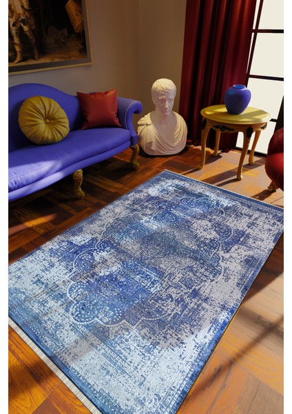 Klasik Eskitme Indigo Dijital Baskı Halı Kaydırmaz Ince Yıkanabilir