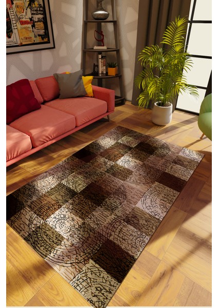 Modern Patchwork Kahverengi Dijital Baskı Halı Kaydırmaz Ince Yıkanabilir