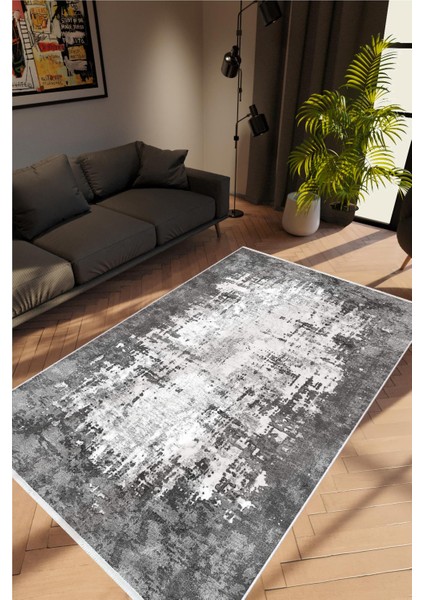 Salon Halısı Doku Eskitme Siyah Gri Kaydırmaz Kesme Yıkanabilir Ince Halı Tüysüz Kilim