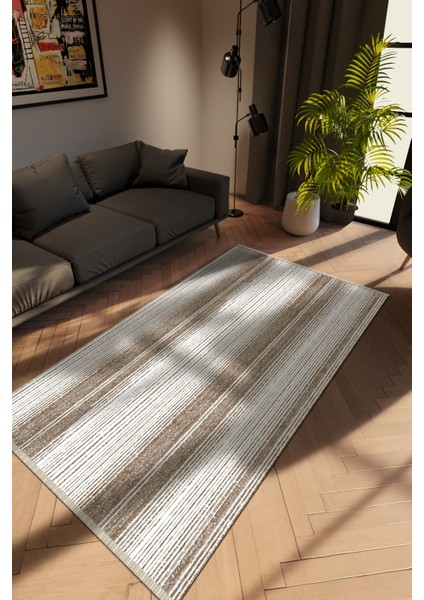 Modern Çizgili Vizon Dijital Baskı Halı Kaydırmaz Ince Yıkanabilir