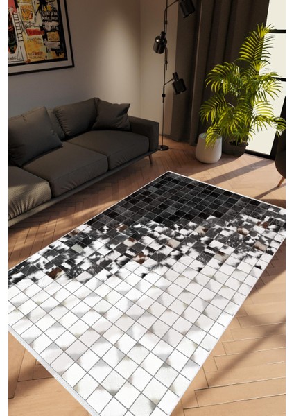 Salon Halısı Modern Patchwork Mozaik Desen Beyaz Siyah Kaydırmaz Yıkanabilir Ince Halı Tüysüz Kilim