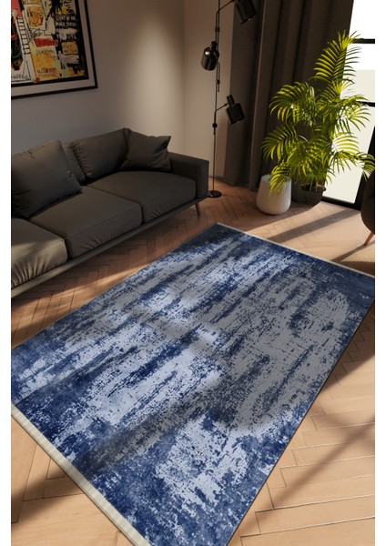 Modern Eskitme Mavi Dijital Baskı Halı Kaydırmaz Ince Yıkanabilir