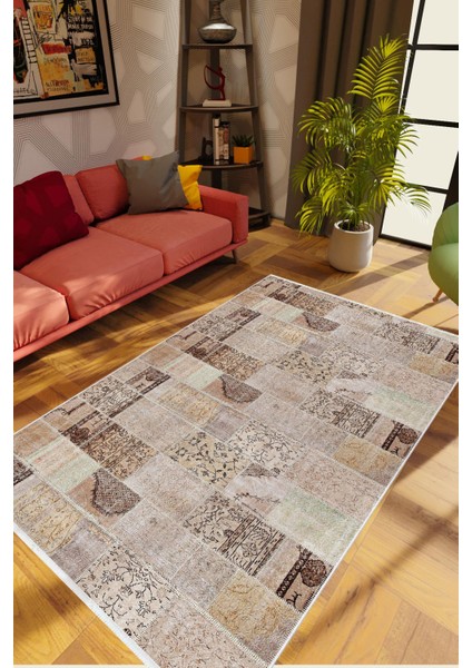 Salon Halısı Modern Patchwork Bej Kahverengi Krem Kaydırmaz Kesme Yıkanabilir Ince Halı Tüysüz Kilim