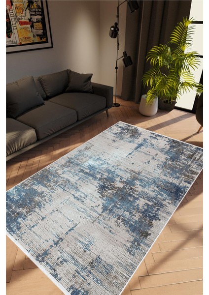 Salon Halısı Doku Eskitme Gri Lacivert Kaydırmaz Kesme Yıkanabilir Ince Halı Tüysüz Kilim