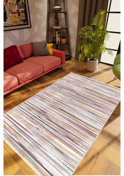 Salon Halısı Eskitme Çizgili Gri Kaydırmaz Kesme Yıkanabilir Ince Halı Tüysüz Kilim