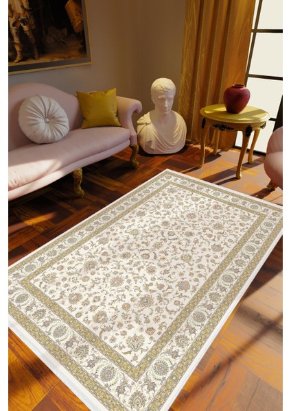 Salon Halısı Eskitme Klasik Bej Ekru Kaydırmaz Kesme Yıkanabilir Ince Halı