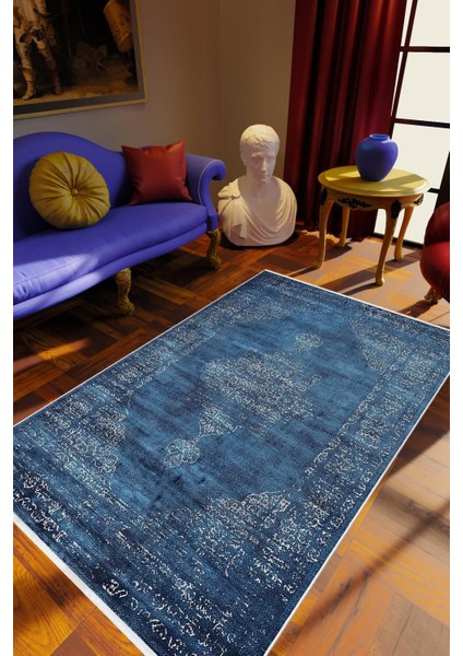Salon Halısı Klasik Eskitme Mavi Lacivert Kaydırmaz Kesme Yıkanabilir Ince Halı Tüysüz Kilim