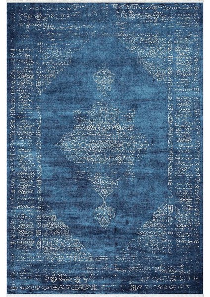 Salon Halısı Klasik Eskitme Mavi Lacivert Kaydırmaz Kesme Yıkanabilir Ince Halı Tüysüz Kilim