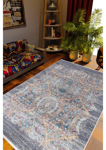 Salon Halısı Otantik Eskitme Gri Kaydırmaz Kesme Yıkanabilir Ince Halı Tüysüz Kilim
