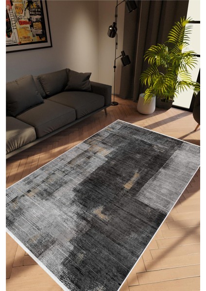 Salon Halısı Doku Eskitme Siyah Gri Kaydırmaz Kesme Yıkanabilir Ince Halı Tüysüz Kilim