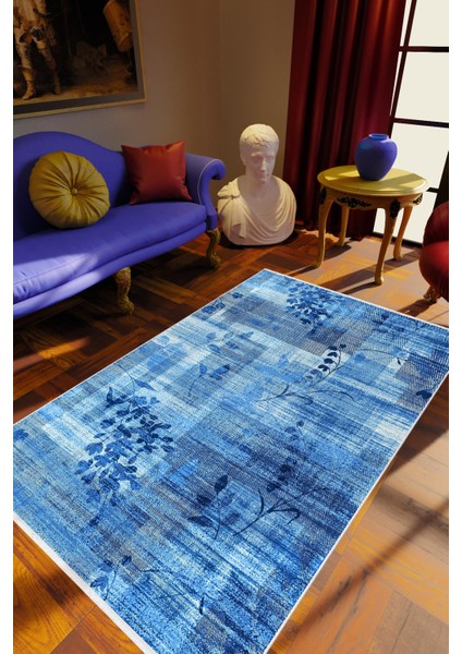 Salon Halısı Figürlü Çiçekli Mavi Kaydırmaz Kesme Yıkanabilir Ince Halı Tüysüz Kilim