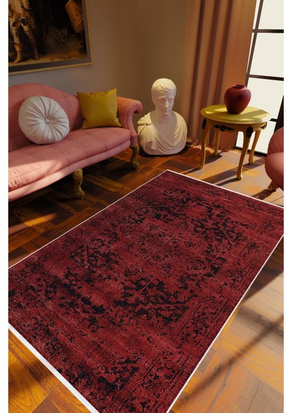 Salon Halısı Klasik Eskitme Bordo Siyah Kaydırmaz Kesme Yıkanabilir Ince Halı Tüysüz Kilim