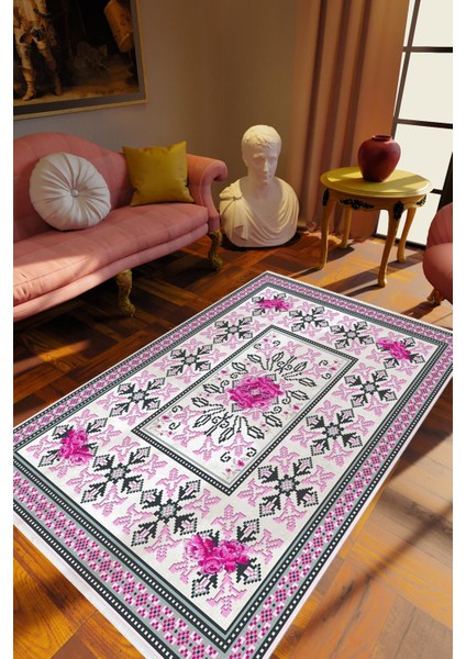 Salon Halısı Figürlü Çiçekli Pembe Kahverengi Kaydırmaz Kesme Yıkanabilir Ince Halı Tüysüz Kilim