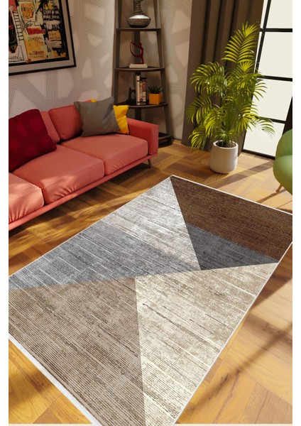 Salon Halısı Modern Patchwork Gri Krem Kahverengi Kaydırmaz Kesme Yıkanabilir Ince Halı Tüysüz Kilim
