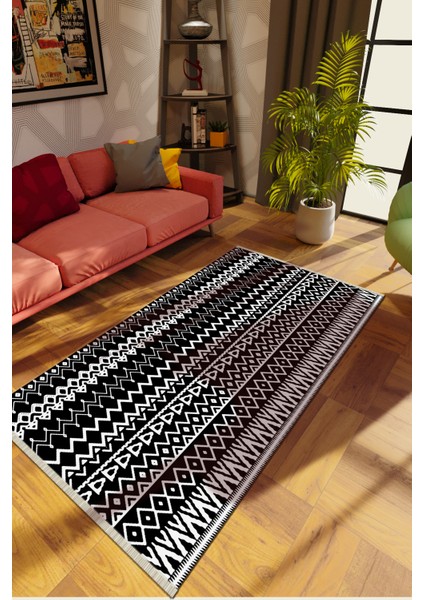 Modern Siyah Dijital Baskı Halı Kaydırmaz Ince Yıkanabilir