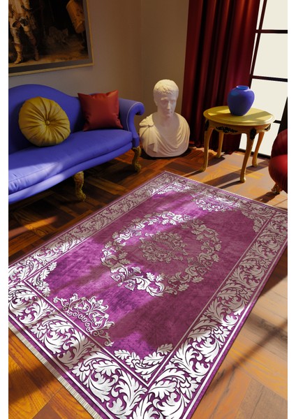 Klasik Eskitme Mor Dijital Baskı Halı Kaydırmaz Ince Yıkanabilir