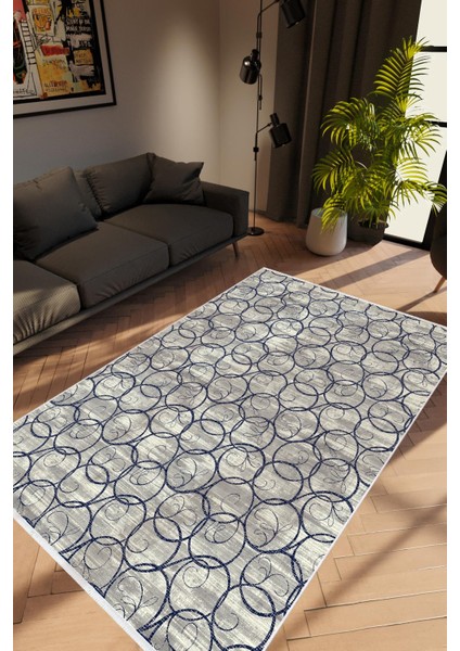 Modern Geometrik Lacivert Krem Mavi Kaydırmaz Kesme Yıkanabilir Ince Halı