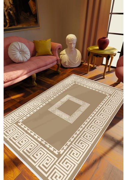 Salon Halısı Klasik Kahverengi Bej Kaydırmaz Kesme Yıkanabilir Ince Halı Tüysüz Kilim