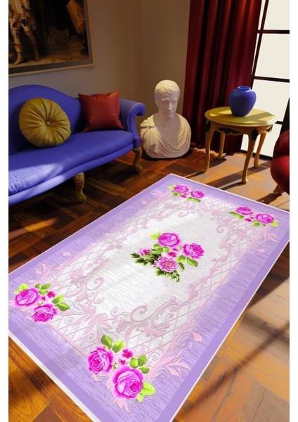 Salon Halısı Figürlü Çiçekli Mor Ekru Pembe Kaydırmaz Kesme Yıkanabilir Ince Halı Tüysüz Kilim