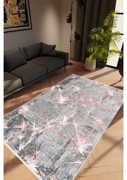 Modern Çizgili Gri Pembe Kaydırmaz Kesme Yıkanabilir Ince Halı