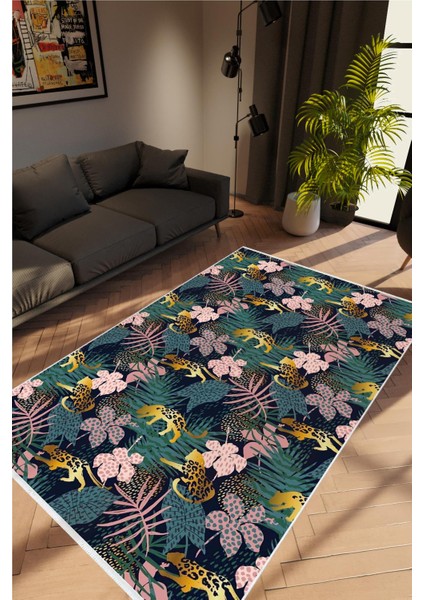 Salon Halısı Figürlü Çiçekli Metalik Yeşil Kaydırmaz Kesme Yıkanabilir Ince Halı Tüysüz Kilim