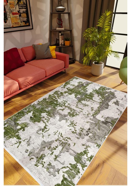 Salon Halısı Modern Eskitme Yeşil Gri Kaydırmaz Kesme Yıkanabilir Ince Halı Tüysüz Kilim