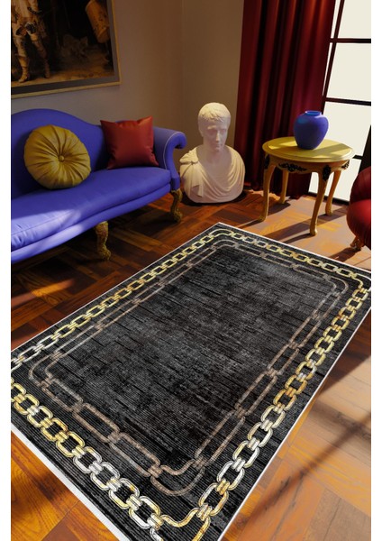 Salon Halısı Klasik Zincir Desenli Siyah Kaydırmaz Kesme Yıkanabilir Ince Halı Tüysüz Kilim