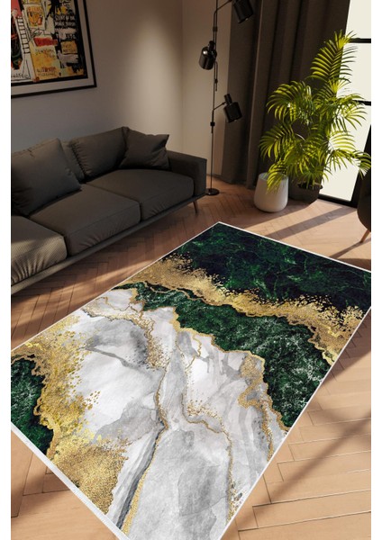 Salon Halısı Taş Mermer Modern Gold Yeşil Gri Altın Kaydırmaz Yıkanabilir Ince Halı Tüysüz Kilim