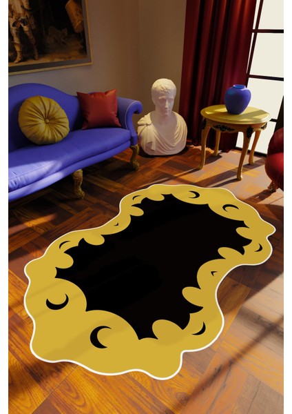 Salon Halısı Klasik Modern Sarı Siyah Altın Kaydırmaz Kesme Yıkanabilir Ince Halı Tüysüz Kilim