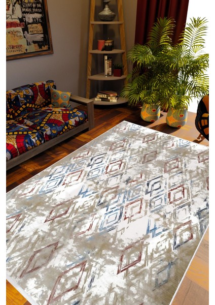 Salon Halısı Otantik Eskitme Baklava Desen Gri Kaydırmaz Kesme Yıkanabilir Ince Halı Tüysüz Kilim