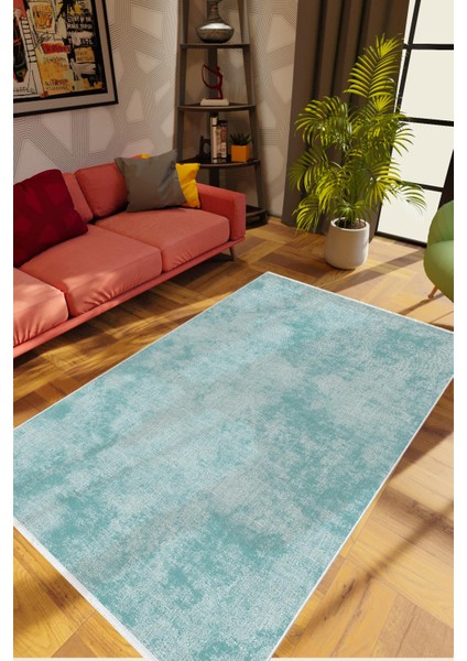 Salon Halısı Doku Eskitme Turkuaz Kaydırmaz Kesme Yıkanabilir Ince Halı Tüysüz Kilim