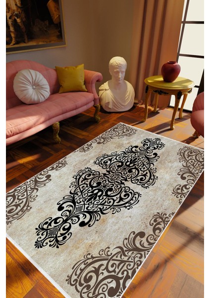 Salon Halısı Klasik Gri Ekru Kahverengi Siyah Kaydırmaz Kesme Yıkanabilir Ince Halı Tüysüz Kilim