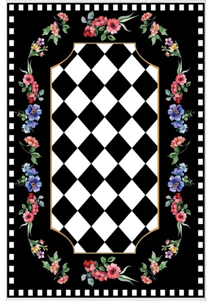 Salon Halısı Figürlü Çiçekli Siyah Kaydırmaz Kesme Yıkanabilir Ince Halı Tüysüz Kilim