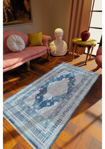 Klasik Mavi Dijital Baskı Halı Kaydırmaz Ince Yıkanabilir