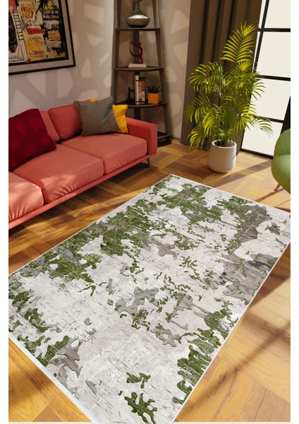 Salon Halısı Modern Eskitme Yeşil Gri Kaydırmaz Kesme Yıkanabilir Ince Halı Tüysüz Kilim
