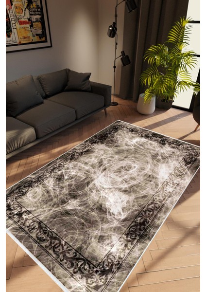 Salon Halısı Modern Eskitme Siyah Vizon Kaydırmaz Kesme Yıkanabilir Ince Halı Tüysüz Kilim
