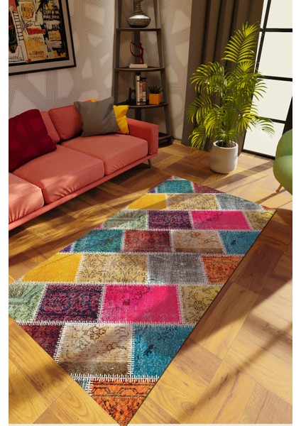 Modern Patchwork Karışık Renkli Dijital Baskı Halı Kaydırmaz Ince Yıkanabilir