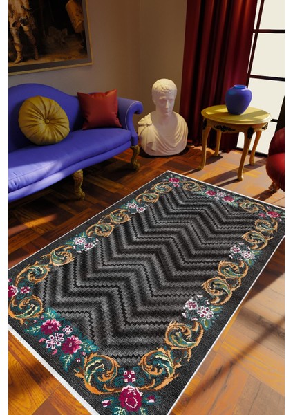 Salon Halısı Figürlü Çiçekli Gri Siyah Bordo Kaydırmaz Kesme Yıkanabilir Ince Halı Tüysüz Kilim
