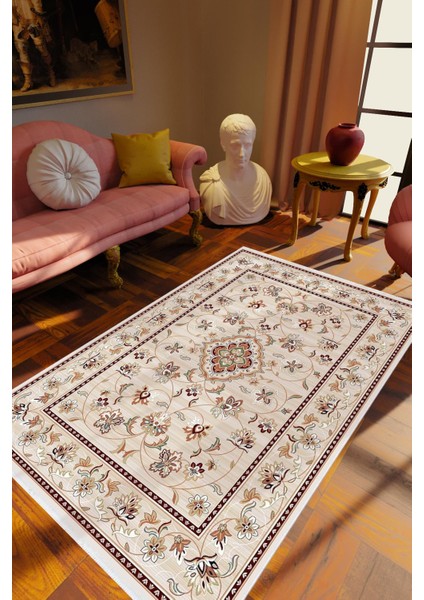 Figürlü Çiçekli Kilim Motifli Kahverengi Ekru Kaydırmaz Kesme Yıkanabilir Ince Halı