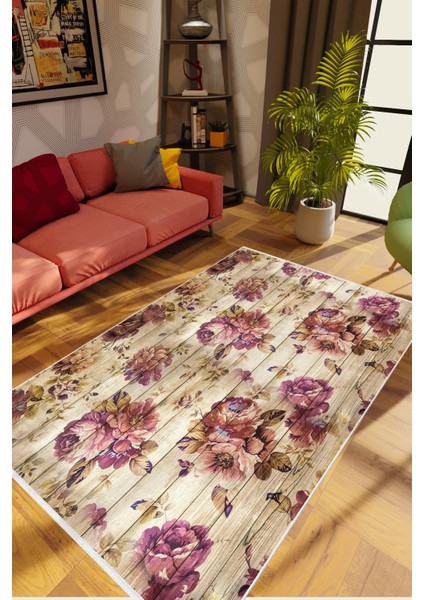 Salon Halısı Figürlü Çiçekli Bej Gülkkurusu Kaydırmaz Kesme Yıkanabilir Ince Halı Tüysüz Kilim