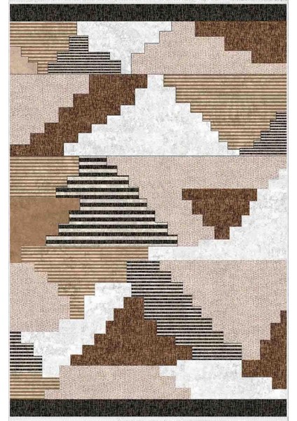 Salon Halısı Eskitme Patchwork Kahverengi Krem Kaydırmaz Kesme Yıkanabilir Ince Halı Tüysüz Kilim