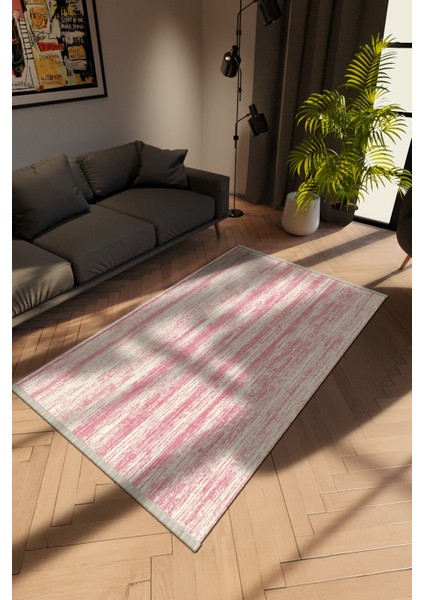 Modern Çizgili Pembe Dijital Baskı Halı Kaydırmaz Ince Yıkanabilir
