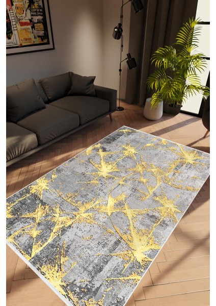 Salon Halısı Modern Çizgili Altın Gold Gri Sarı Kaydırmaz Kesme Yıkanabilir Ince Halı Tüysüz Kilim