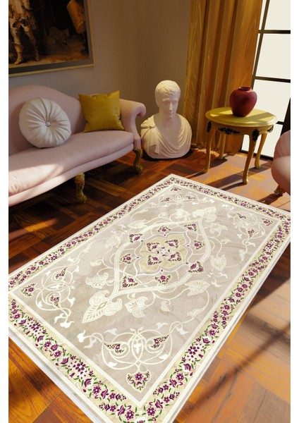 Salon Halısı Klasik Bej Ekru Mor Kaydırmaz Kesme Yıkanabilir Ince Halı Tüysüz Kilim