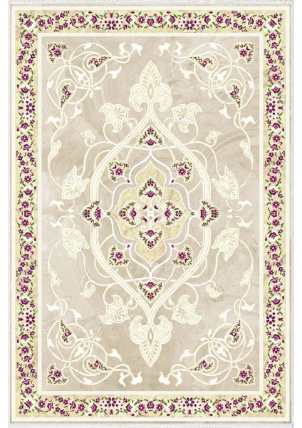 Salon Halısı Klasik Bej Ekru Mor Kaydırmaz Kesme Yıkanabilir Ince Halı Tüysüz Kilim
