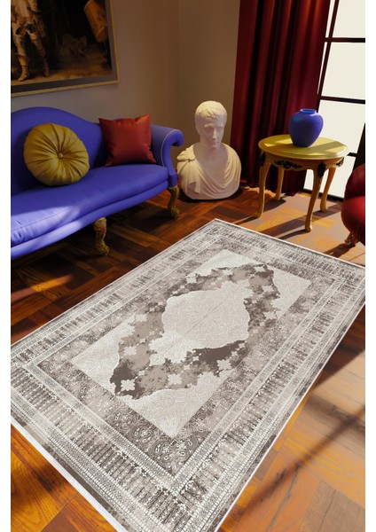 Salon Halısı Klasik Gri Kaydırmaz Kesme Yıkanabilir Ince Halı Tüysüz Kilim