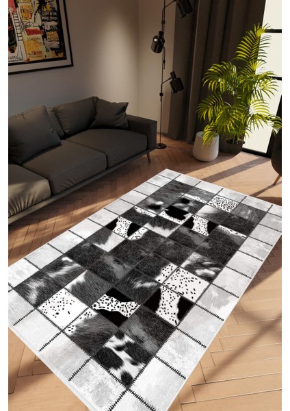 Salon Halısı Eskitme Patchwork Gümüş Siyah Gri Beyaz Kaydırmaz Yıkanabilir Ince Halı Tüysüz Kilim