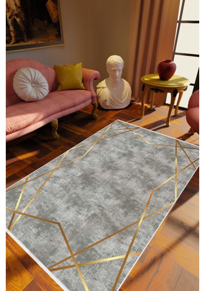Salon Halısı Eskitme Geometrik Altın Gri Metalik Kaydırmaz Kesme Yıkanabilir Ince Halı Tüysüz Kilim