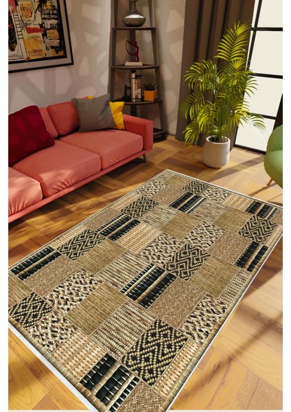 Salon Halısı Eskitme Patchwork Kahverengi Krem Kaydırmaz Kesme Yıkanabilir Ince Halı Tüysüz Kilim